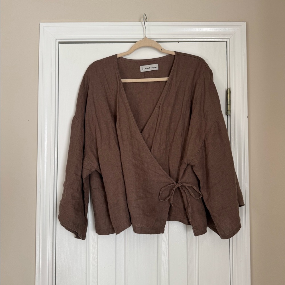 Love and Confuse Etsy Linen Wrap Tie Kimono Brown Top